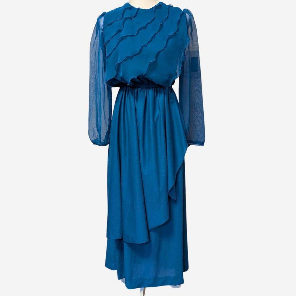 Vintage 70s Praise Hymn Blue Chiffon Dress (Made in USA) - Size 3/4